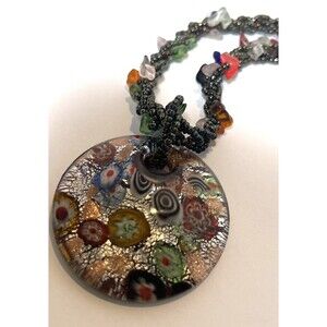 Vintage Venetian Murano Glass Millefiori Pendant Necklace Multi Color